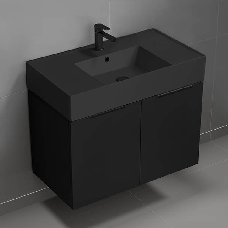 Nameeks DERIN713 32 Inch Black Bathroom Vanity With Black Sink, Floating, Modern